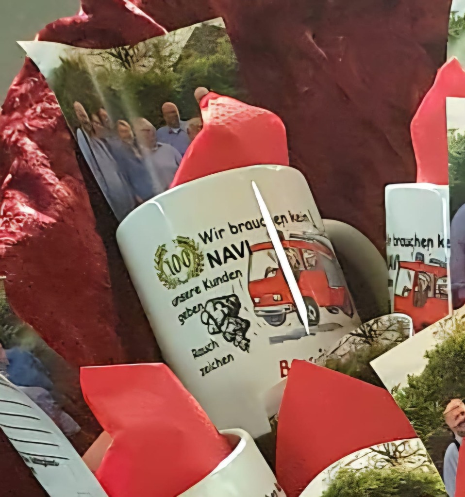 Detailansicht des Kaffeebechers mit dem Slogan: Wir brauchen kein NAVI